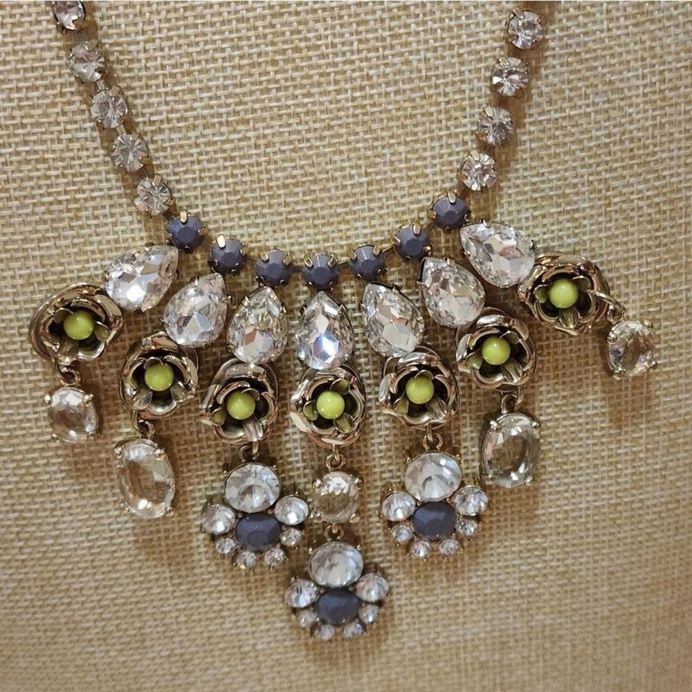 J. Crew beaded yellow and grey floral bibb statement‎ necklace